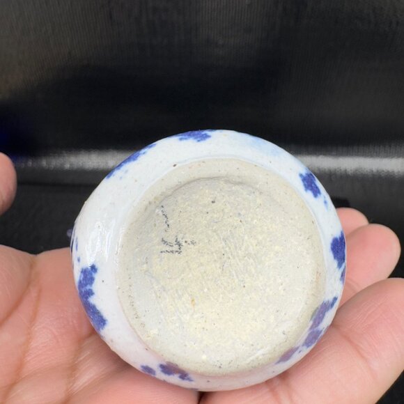 Vintage Miniature Cobalt Blue White Spongeware Pottery Stoneware Hanging Pitcher - Picture 7 of 11